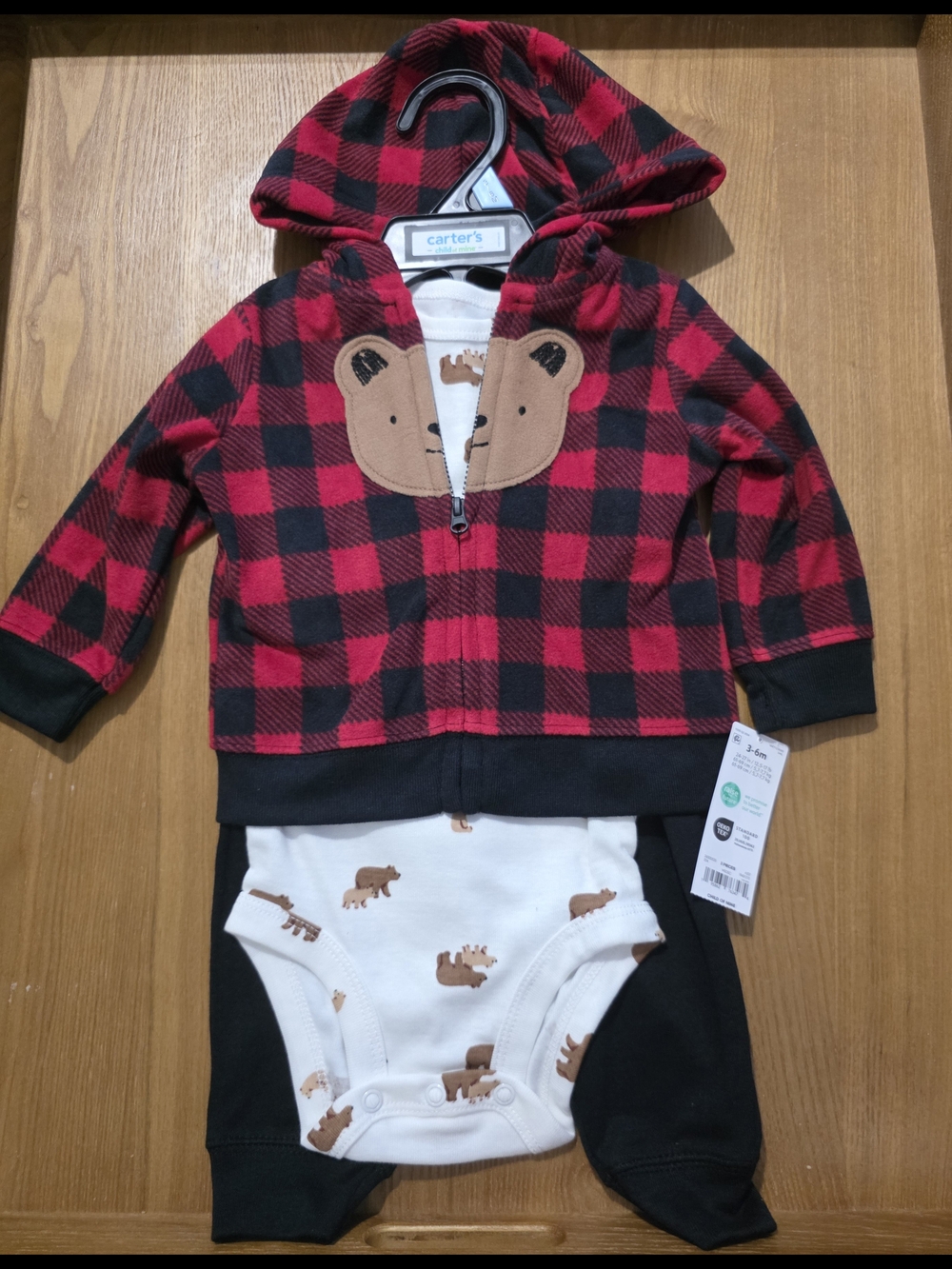 NWT Carter's Child of Mine Baby Boy 3pc Cardigan Set Red Plaid Buffalo Bear 3-6